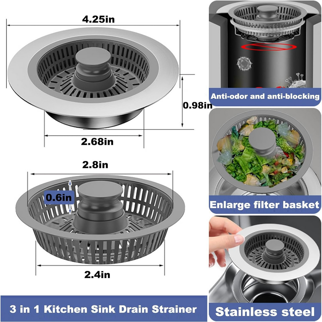 Multifunctional 3-in-1 Kitchen Sink Drain Strainer & Stopper