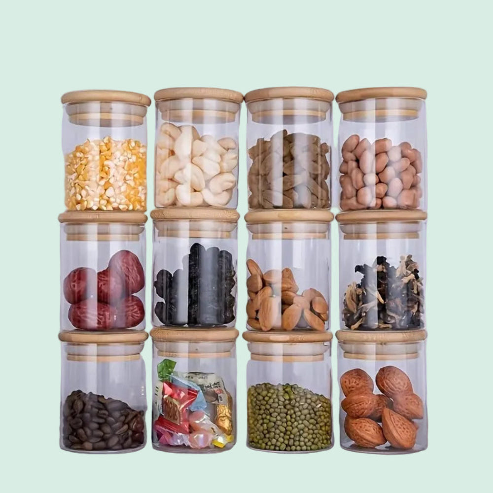 Glass Spice Jars with Bamboo Lids & Labels (12PCS)
