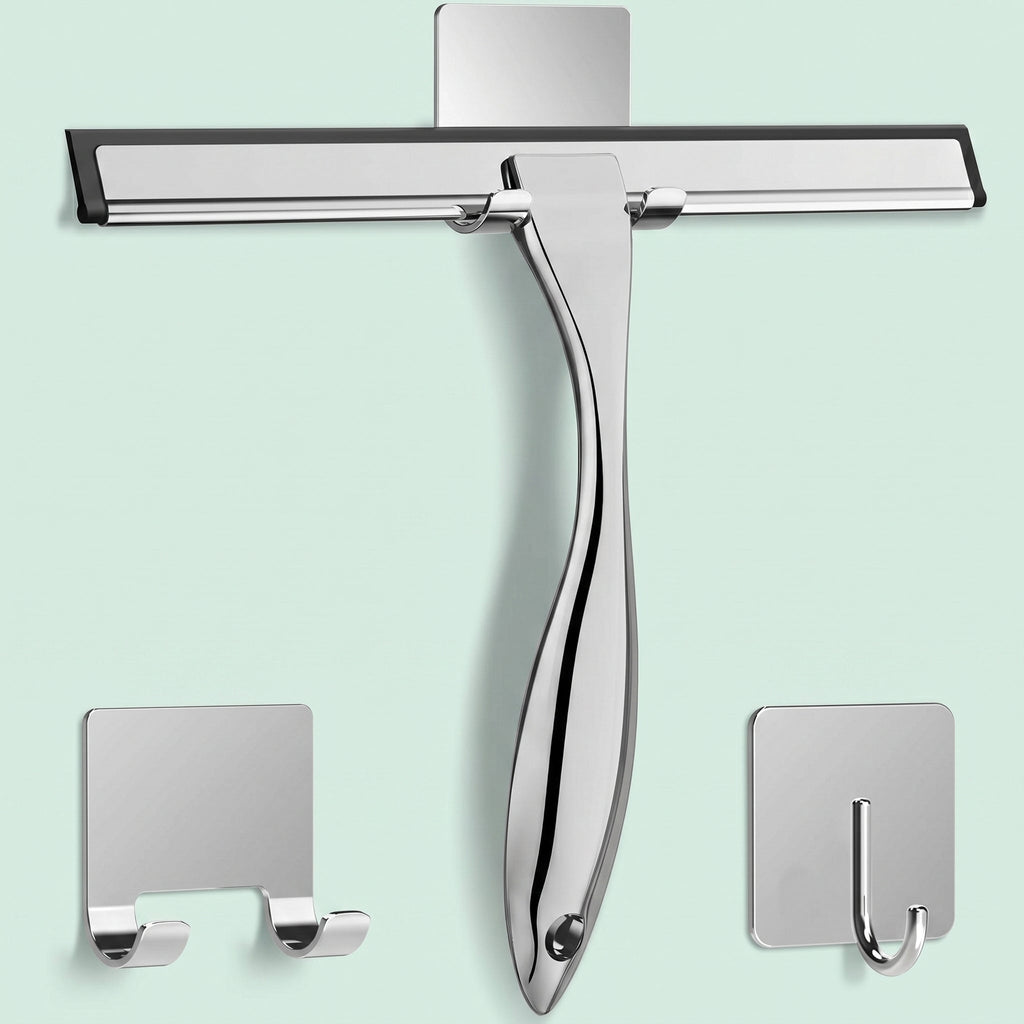 All-Purpose Stainless Steel Shower Squeegee with 2 Adhesive Hooks